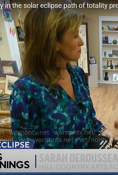 Janet Shamlian's blue printed v-neck blouse on CBS Mornings