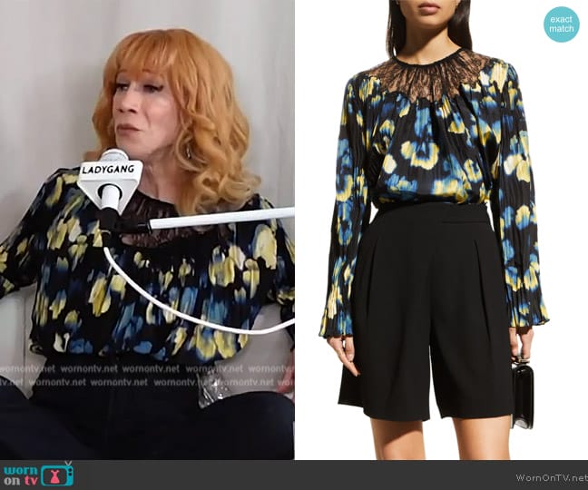 Jason Wu Floral-Print Lace-Inset Pleated Chiffon Blouse worn by Kathy Griffin on E! News