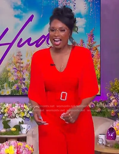 Jennifer's red belted jumpsuit on The Jennifer Hudson Show