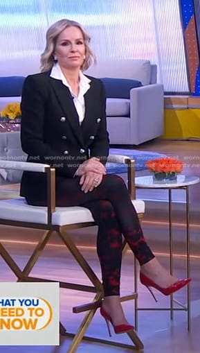 Jennifer's black double breasted blazer and print leggings on Good Morning America