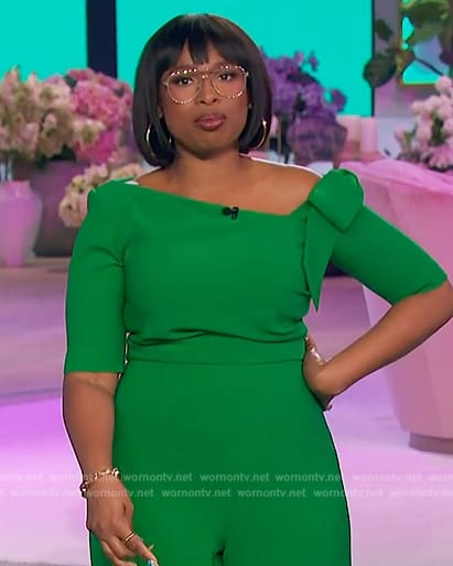 Jennifer’s green bow shoulder dress on The Jennifer Hudson Show