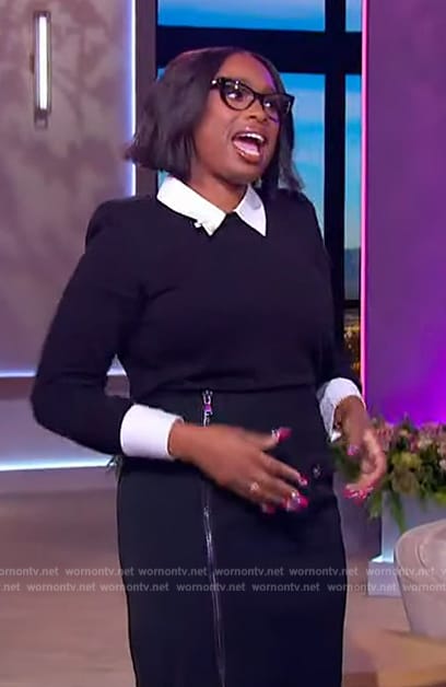 Jennifer’s black contrast collar top and skirt on The Jennifer Hudson Show