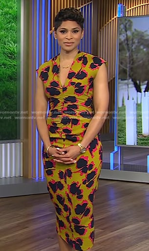 Jericka Duncan’s yellow abstract print dress on CBS Evening News