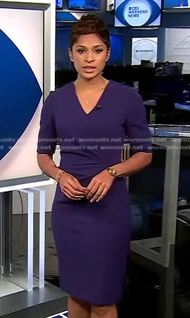 Jericka's purple gathered sheath dress on CBS Evening News