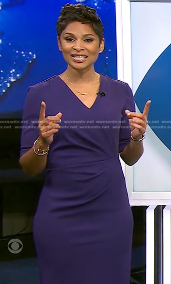 Jericka’s purple gathered sheath dress on CBS Evening News