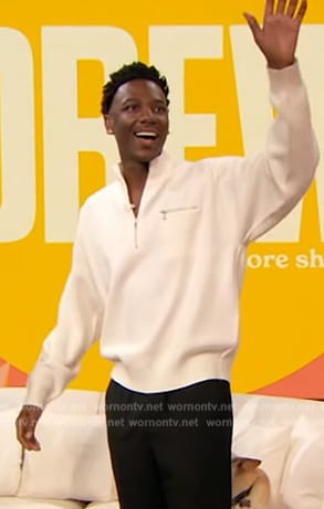 Jerrod Carmichael’s white half zip sweater on The Drew Barrymore Show