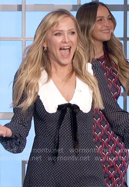 Jessica Capshaw’s navy dress with white oversized collar on The Talk