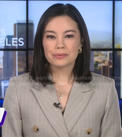 Jo Ling Kent's beige pinstriped blazer on CBS Mornings