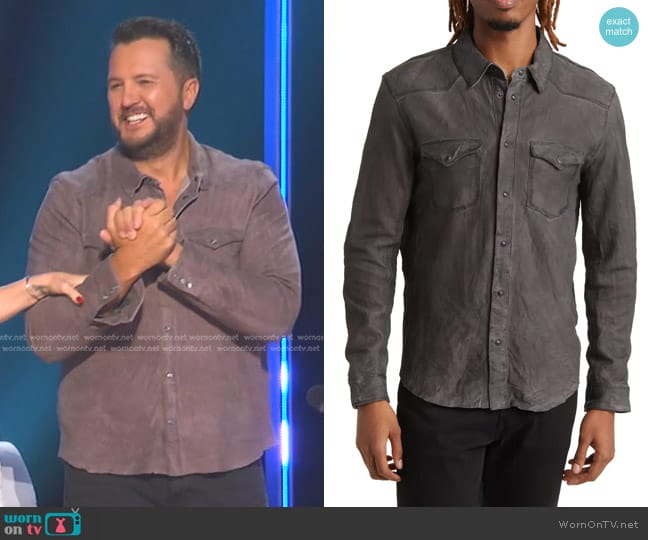 John Varvatos Mason Sheepskin Leather Western Shirt Jacket in Ebony worn by Luke Bryan on American Idol