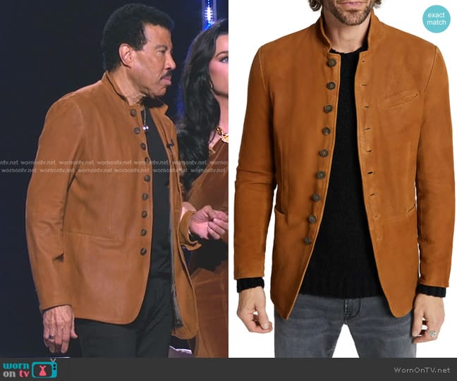 John Varvatos Notch Collar Suede Jacket in Light Ochre Brown worn by Lionel Richie on American Idol