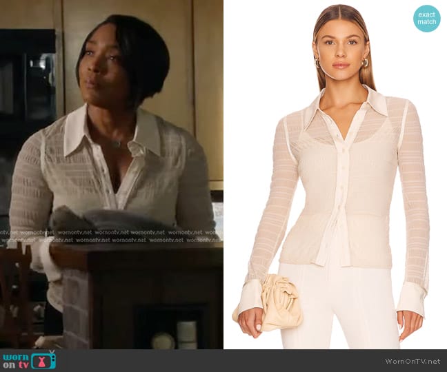 Simkhai Robin Mesh Button Down Top in Ceramic worn by Athena Grant (Angela Bassett) on 9-1-1