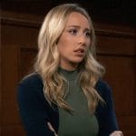 Josslyn’s green mini dress and navy cardigan on General Hospital