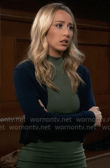 Josslyn's green mini dress and navy cardigan on General Hospital