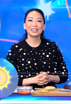 Judy Joo's pearl embellished cardigan on Good Morning America