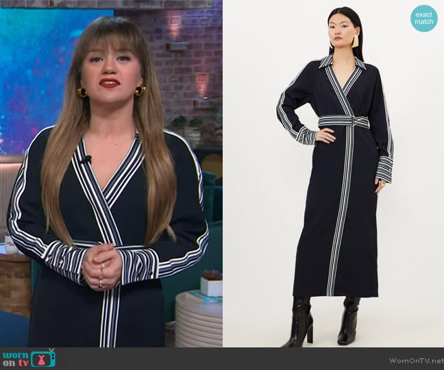 Karen Millen Collared Contrast Twill Woven Belted Midaxi Dress worn by Kelly Clarkson on The Kelly Clarkson Show