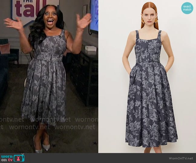 Karen Millen Denim Jacquard Full Skirt Belted Midi Dress worn by Sherri Shepherd on The Talk