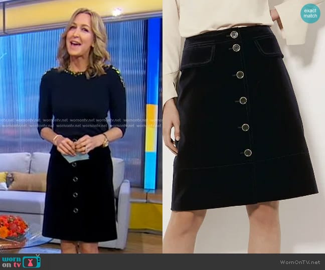 WornOnTV: Lara’s navy navy jeweled sweater and skirt on Good Morning ...