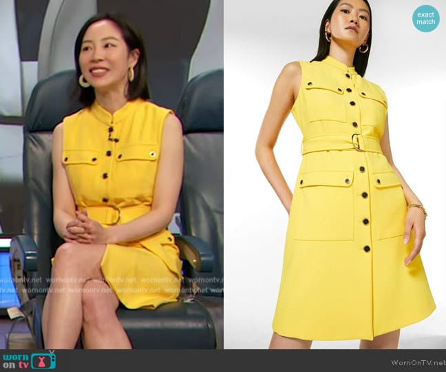 Karen Millen Compact Stretch Sleeveless Utility Dress in Yellow worn by Sara Jane Ho on The Drew Barrymore Show