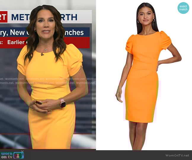 Karl Lagerfeld Scuba Crepe Side-Ruched-Sleeve Sheath Dress in Chartreuse worn by Heather O’Rourke on Good Morning America