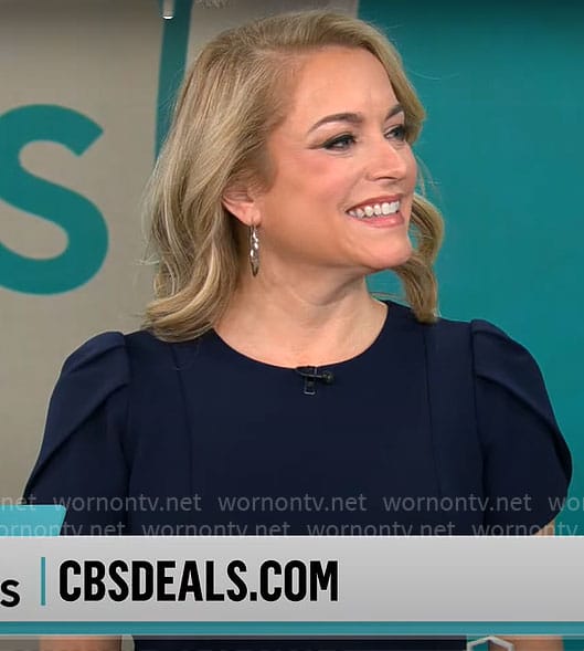 Katie McGee's navy short sleeve sheath dress on CBS Mornings