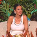 Katy Perry’s white embellished tank and yellow floral skirt on American Idol