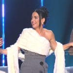 Katy Perry’s white and grey shearling dress on American Idol