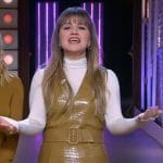 Kelly’s mustard leather belted dress on The Kelly Clarkson Show