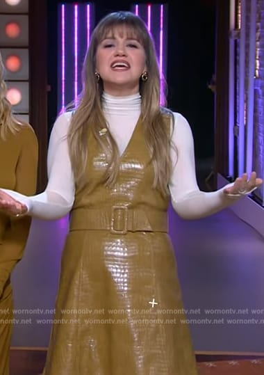 Kelly's mustard leather belted dress on The Kelly Clarkson Show