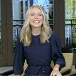 Kelly’s navy belted dress on Live with Kelly and Mark