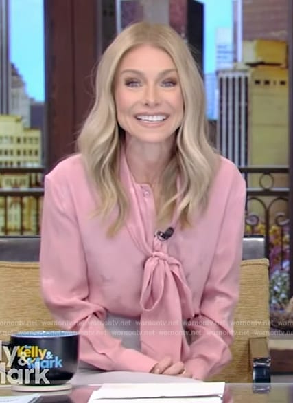 Kelly’s pink tie neck blouse on Live with Kelly and Mark