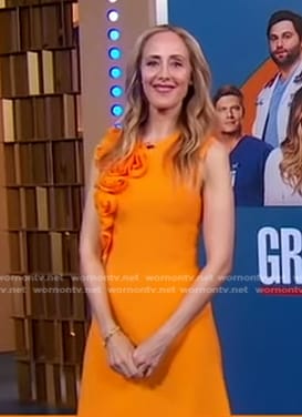 Kim Raver's orange floral applique dress on Good Morning America