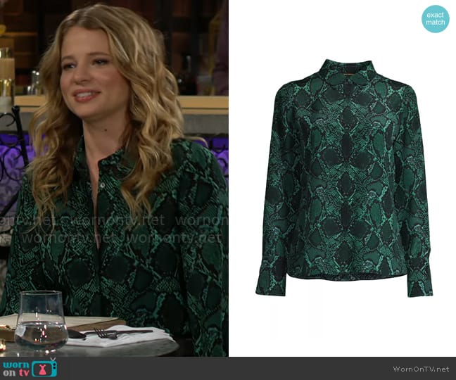 Kobi Halperin Brandy Snakeskin-Print Button-Down Silk Blouse in Ivy Multi worn by Summer Newman (Allison Lanier) on The Young and the Restless