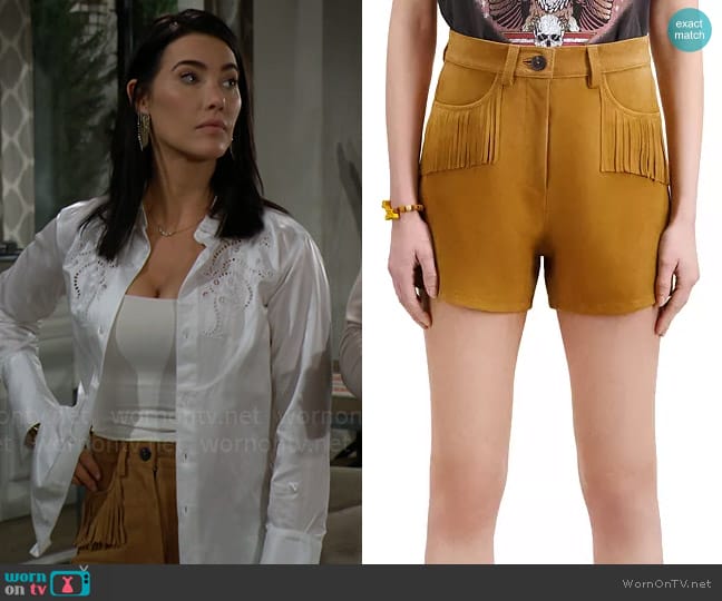 The Kooples Leather Fringe Shorts worn by Steffy Forrester (Jacqueline MacInnes Wood) on The Bold and the Beautiful