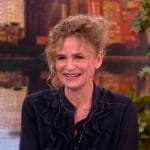 Kyra Sedgwick’s navy ruffle blouse on The View