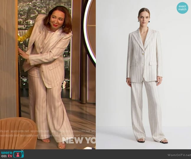 Lafayette 148 Pinstripe Linen Peak Lapel Blazer worn by Maya Rudolph on The Drew Barrymore Show