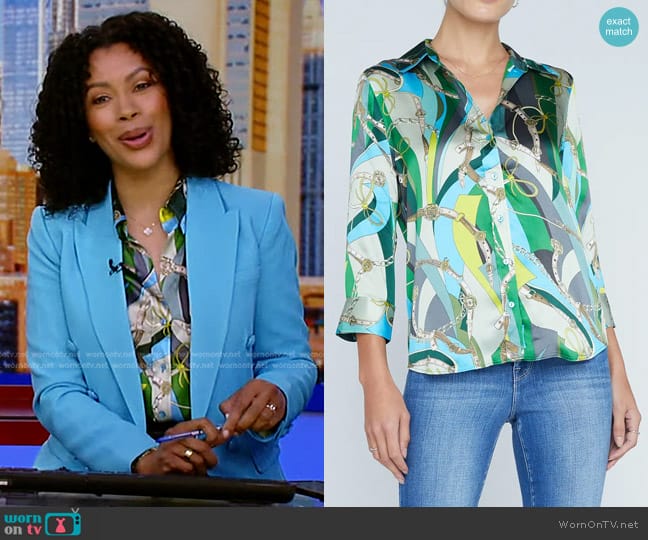 L'Agence Dani Silk Shirt in Sea Green Multi Belt Swirl worn by Shirleen Allicot on Good Morning America