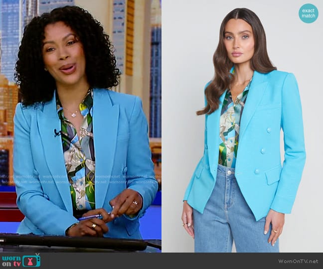 L'Agence Kenzie Double Breasted Blazer in Blue Atoll/ Multi worn by Shirleen Allicot on Good Morning America