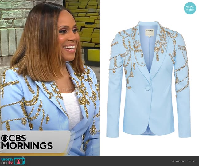 L'Agence Clementine Embellished Blazer in Light Blue / Gold Crystal worn by Deborah Cox on CBS Mornings