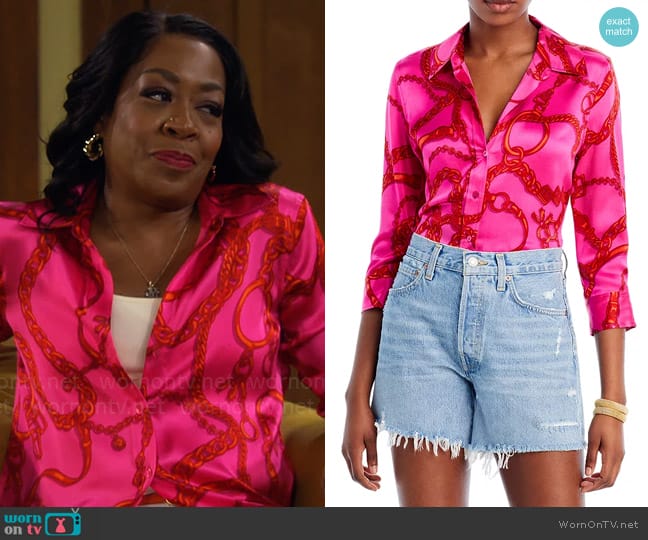 WornOnTV: Tina’s pink chain print button down shirt on The Neighborhood ...