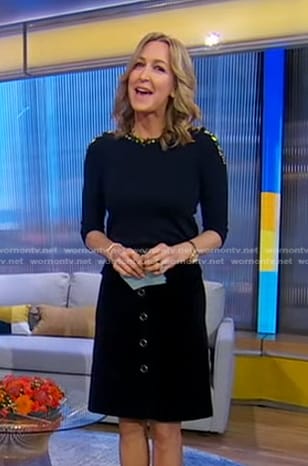 Lara’s navy navy jeweled sweater and skirt on Good Morning America