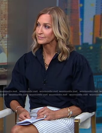 Lara's navy puff sleeve blouse on Good Morning America