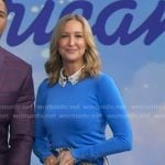 Lara's blue button cuff sweater and print mini skirt on Good Morning America