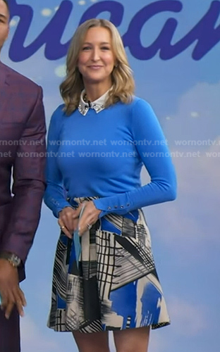 Lara's blue button cuff sweater and print mini skirt on Good Morning America