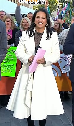 Laura's white ruffle wrap coat on Today