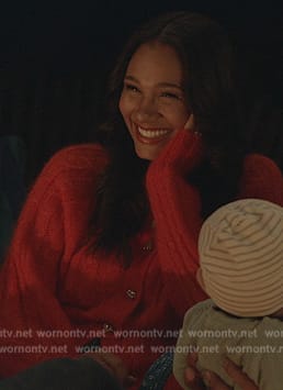 Layla's red cable knit cardigan on All American