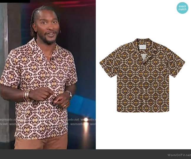 Les Deux Hendrix Ornament Print Lyocell Blend Camp Shirt worn by Scott Evans on Access Hollywood