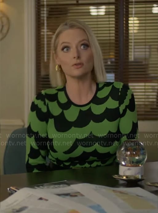 Lexi's green and black printed dress on Not Dead Yet