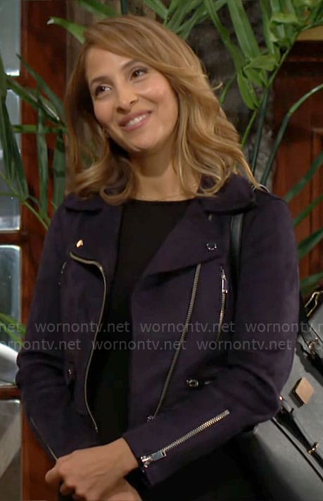 Lily's navy suede moto jacket on The Young and the Restless