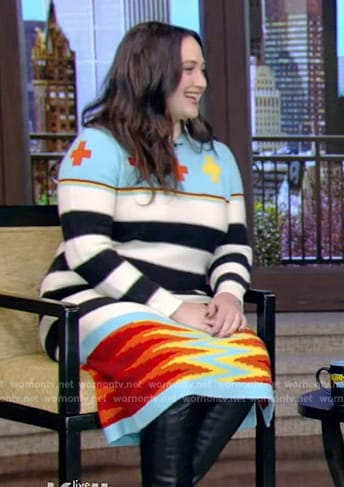 Lily Gladstone’s mixed print sweater dress on Live with Kelly and Mark