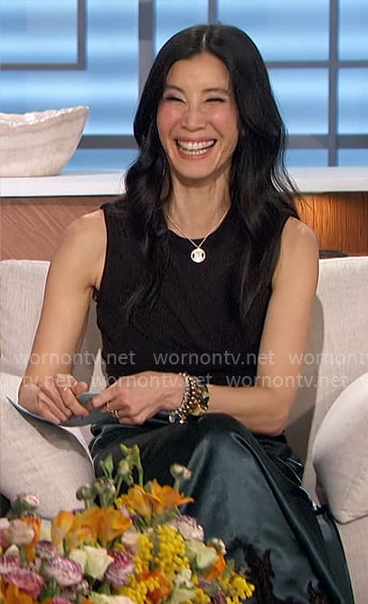 Lisa Ling's black and green lace trim dress on The Talk